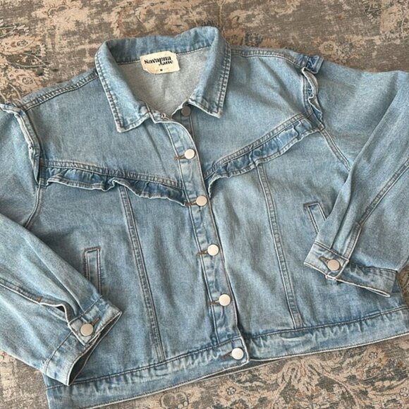 Andree by Unit Savanna Jane Ruffle Girly Relaxed Fit Light Wash Denim Jacket - Picture 6 of 11